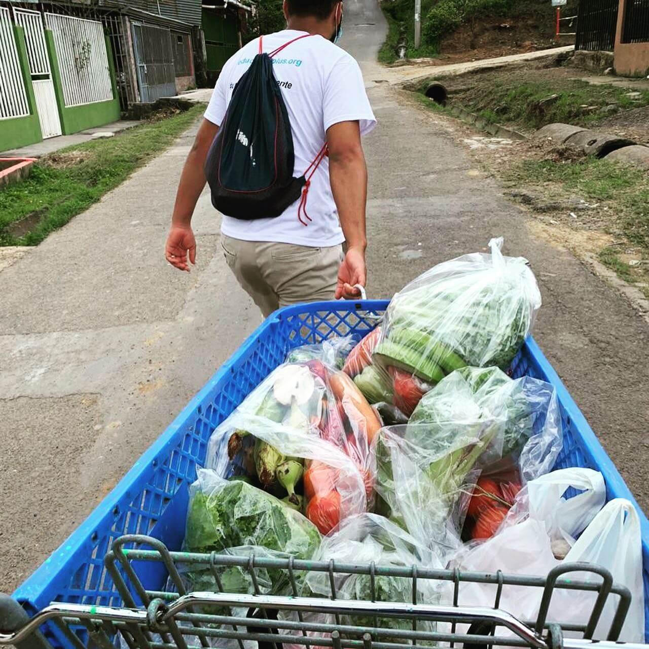 Person carrying groceries loaded in a grocery cart.
